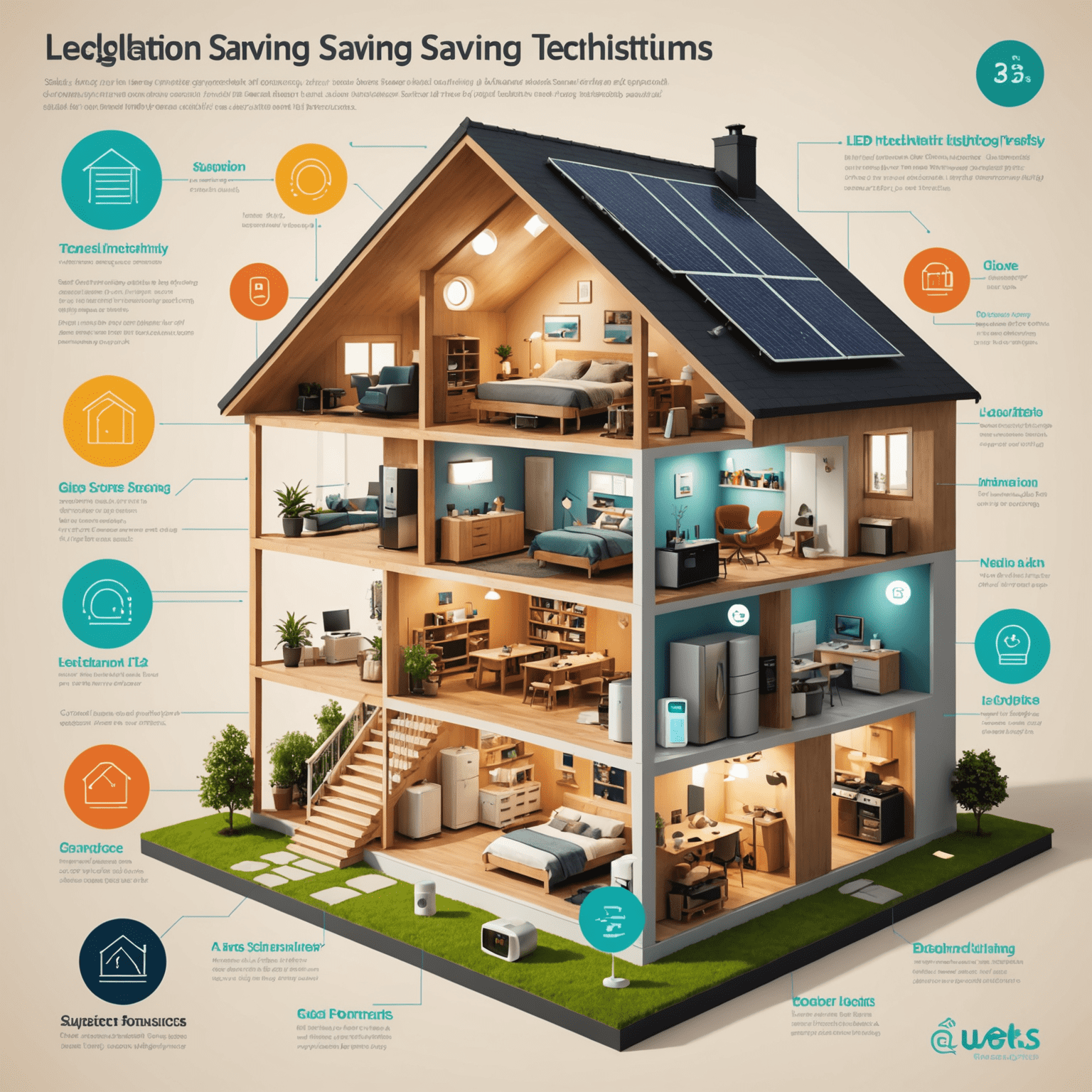 Infographic showing various energy-saving techniques for the home, including LED lighting, smart thermostats, and proper insulation