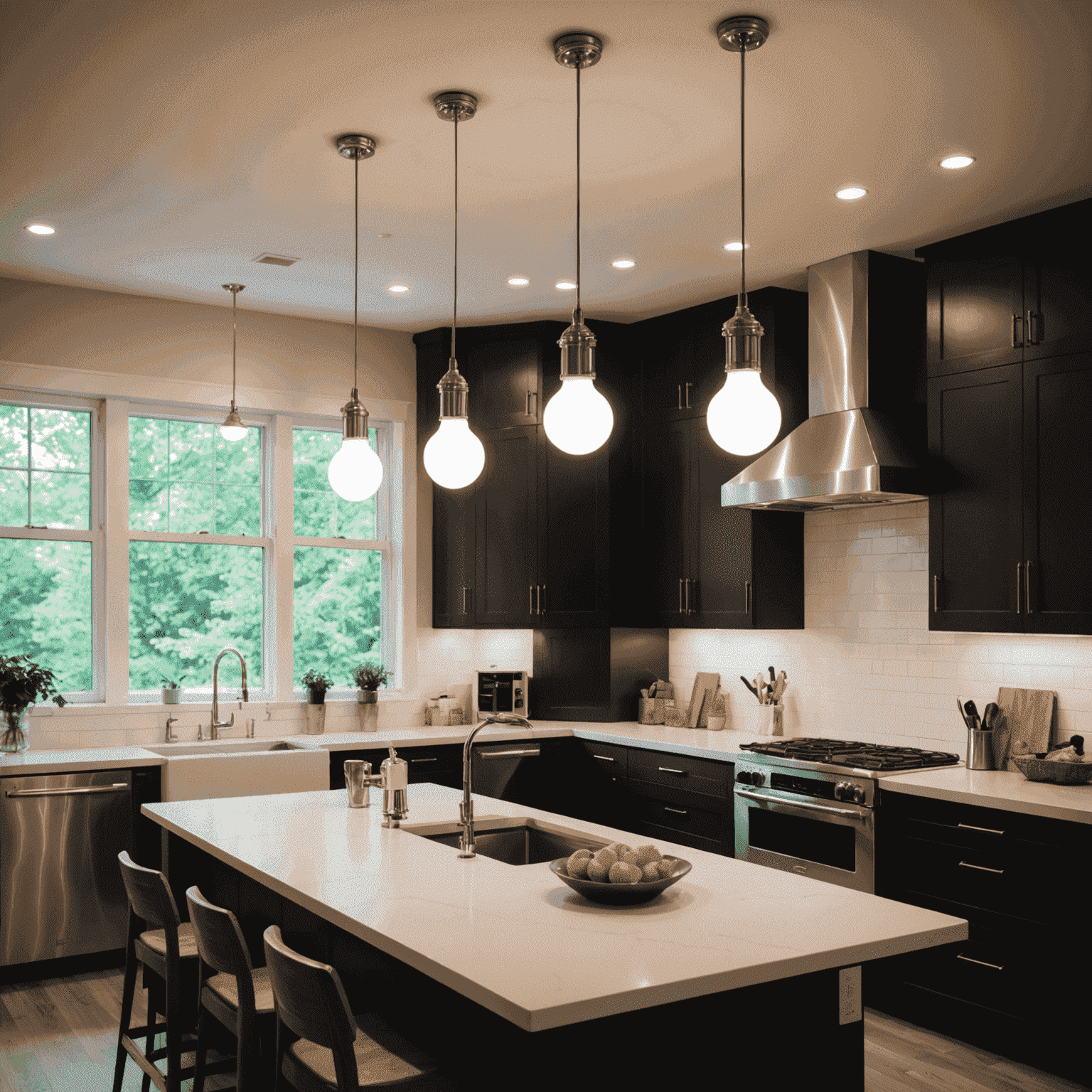 Various energy-efficient light bulbs and fixtures in a modern Canadian home setting, showcasing LED, CFL, and smart lighting options