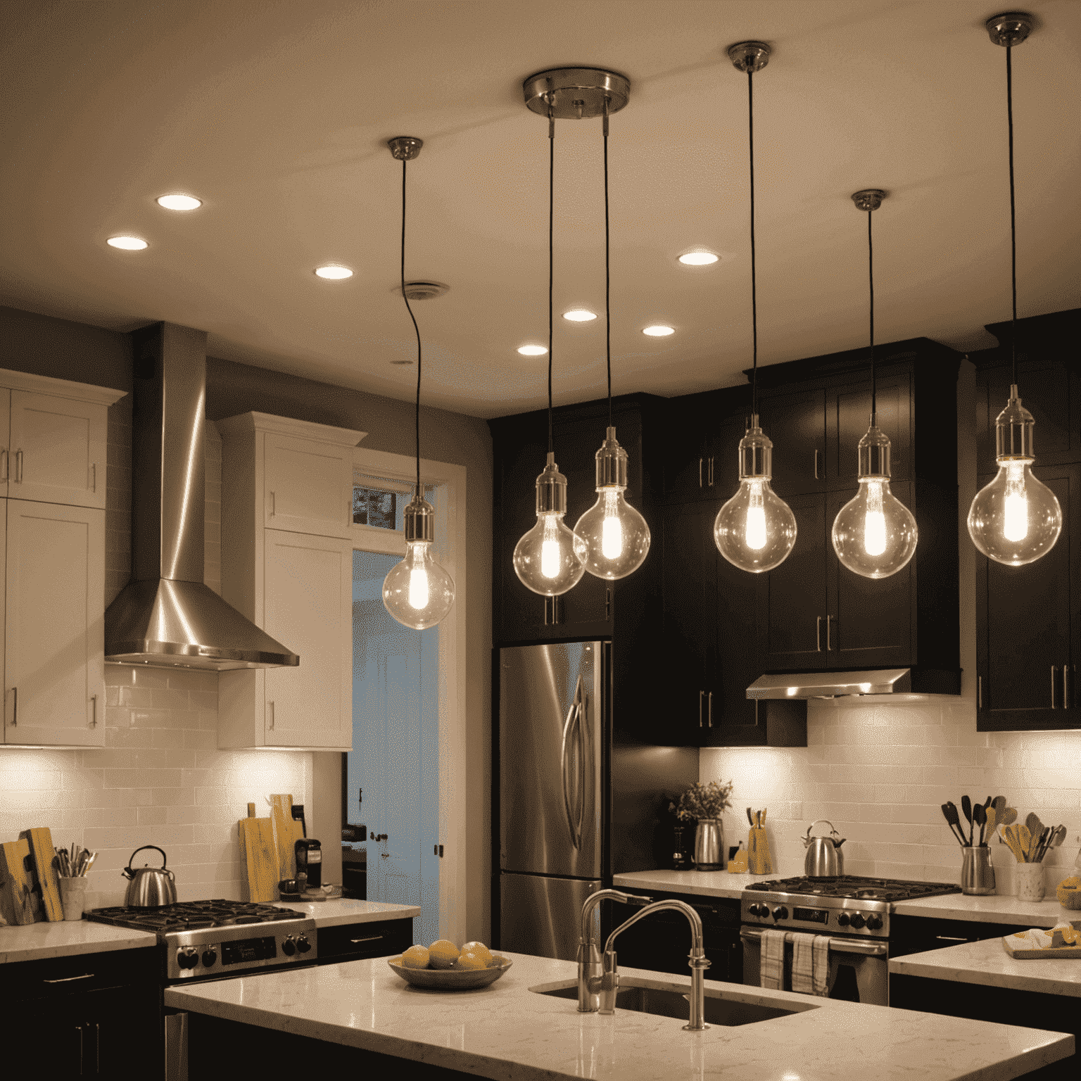 Various energy-efficient light bulbs and fixtures in a Canadian home setting, showcasing LED, CFL, and smart lighting options