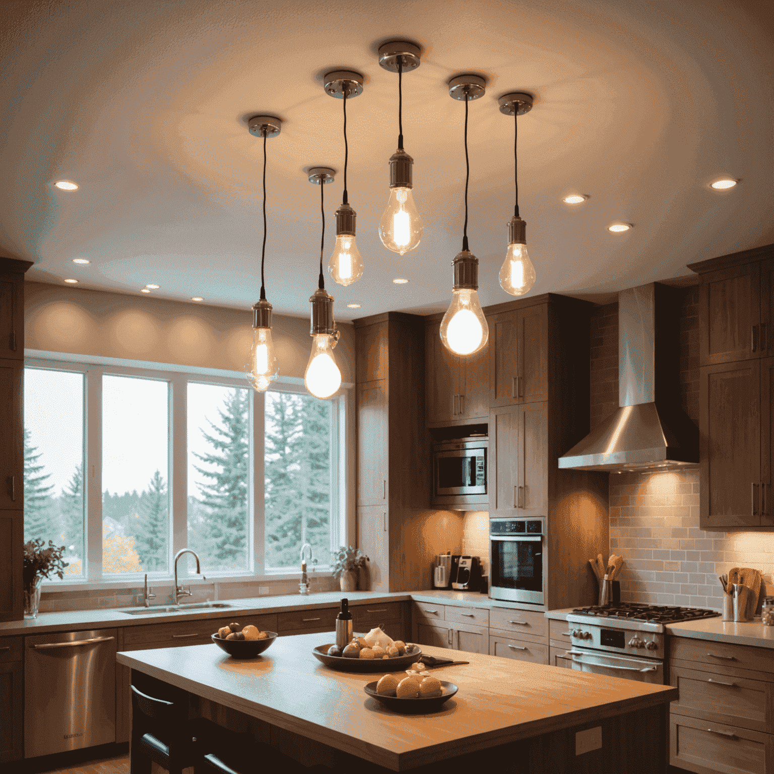 Various energy-efficient light bulbs and fixtures in a modern Canadian home setting, showcasing LED, CFL, and smart lighting options