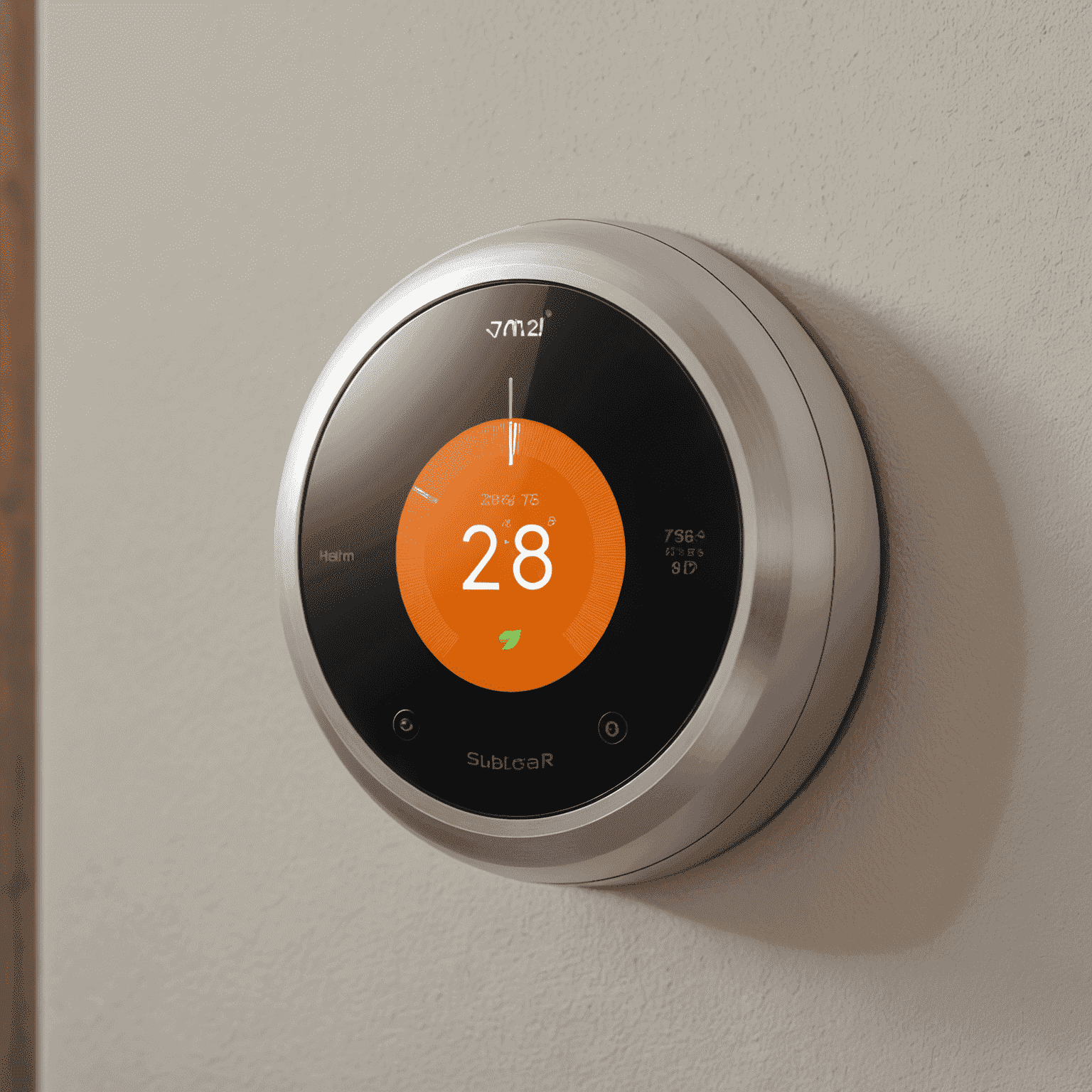 A modern smart thermostat installed on a wall in a Canadian home, showing energy usage statistics and temperature controls