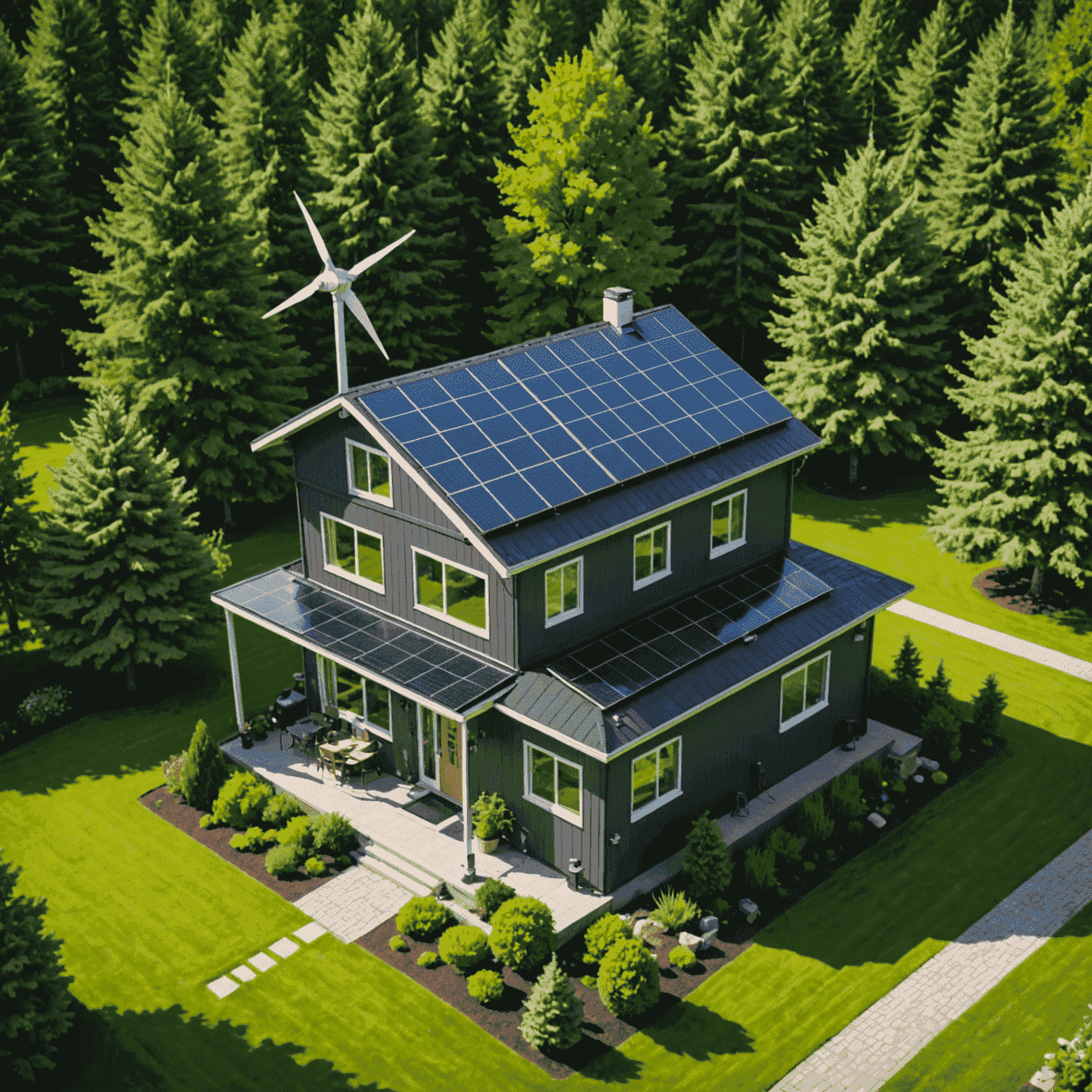 A Canadian home with solar panels on the roof and a small wind turbine in the yard, surrounded by lush green trees