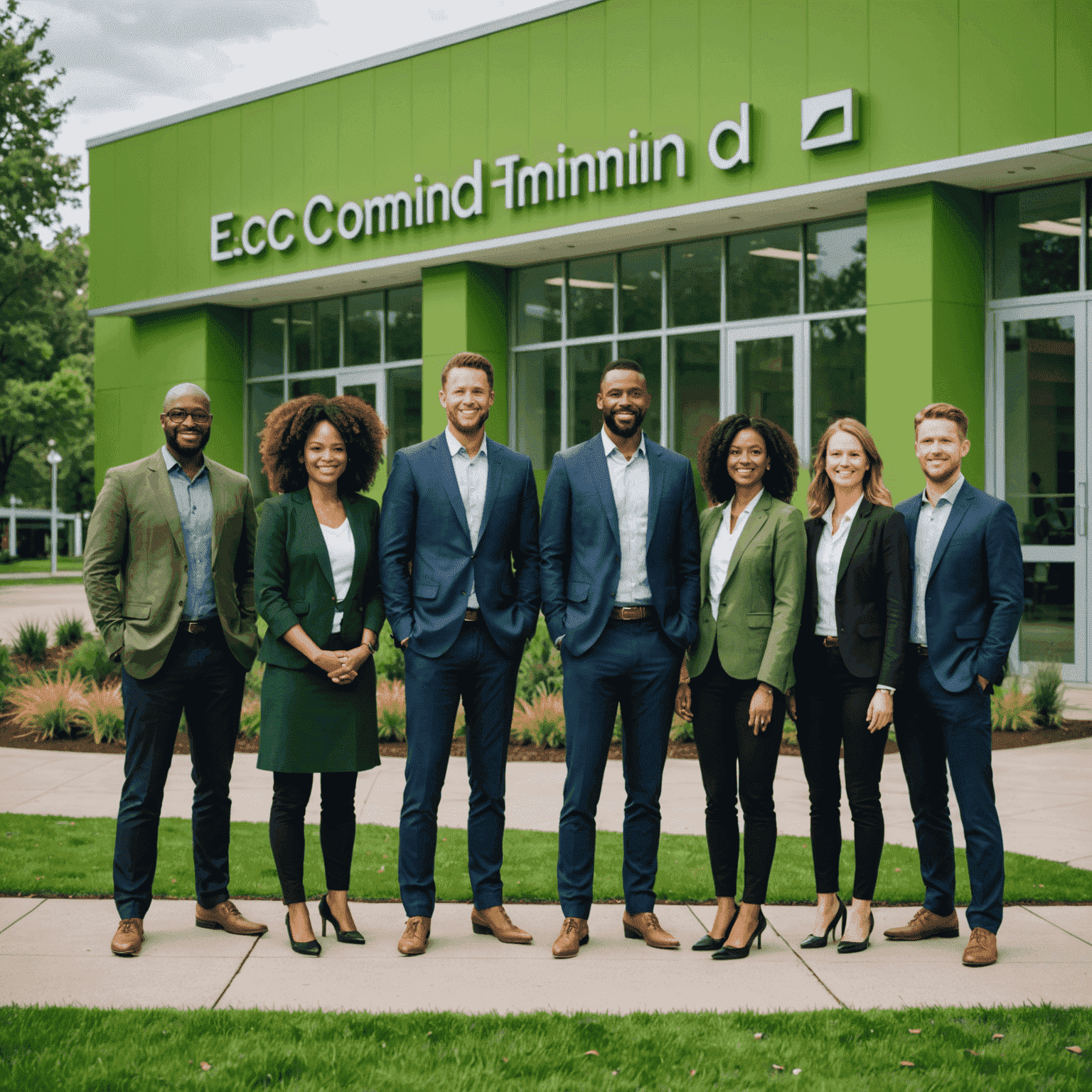 A group photo of the EcoMind team, diverse professionals standing in front of a green office building