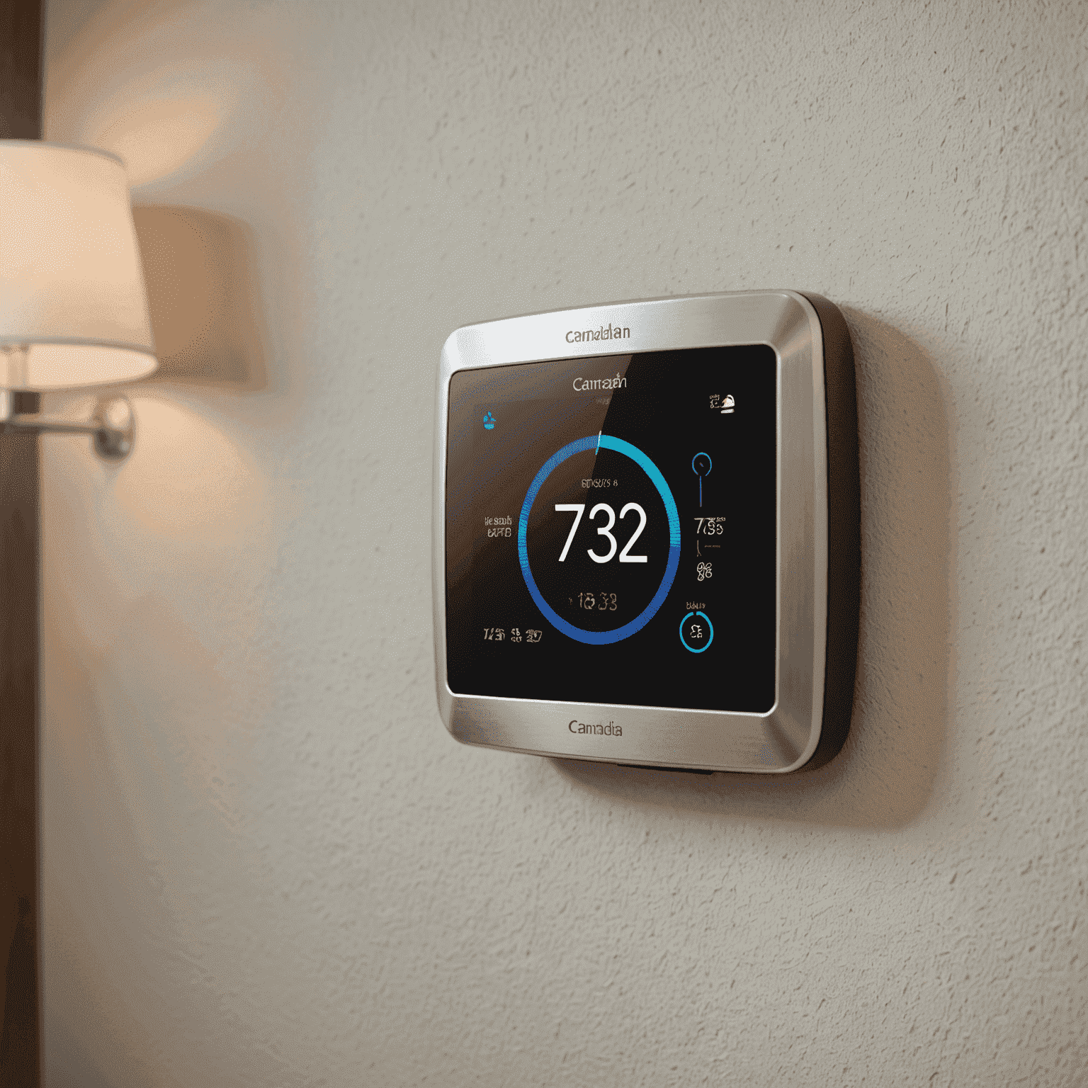 A modern smart thermostat installed on a wall in a Canadian home, displaying energy usage statistics and temperature controls