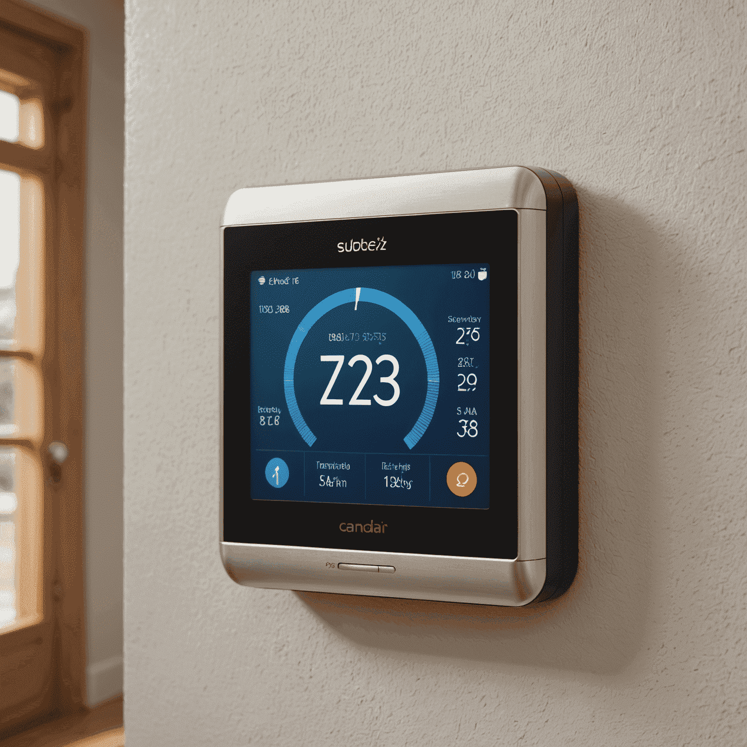 A modern smart thermostat installed on a wall in a Canadian home, displaying energy usage statistics and temperature controls