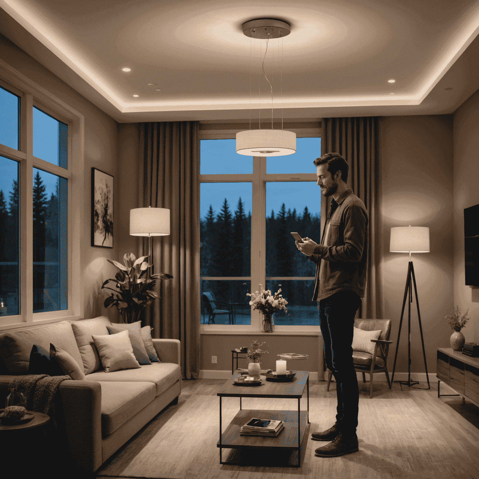 A Canadian living room showcasing smart lighting in action, with a person using a smartphone to control various light fixtures