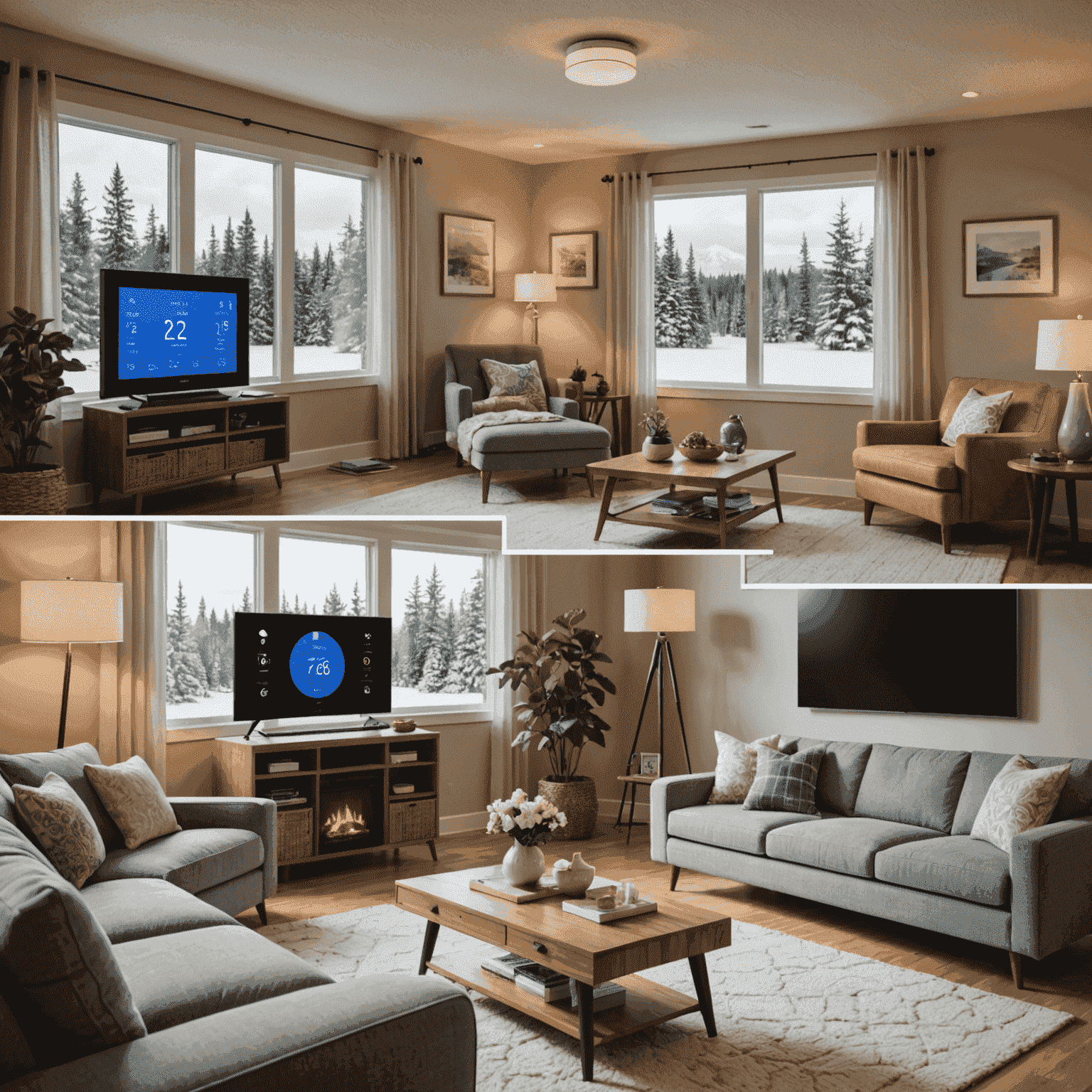 A split-screen image showing a cozy Canadian living room in winter and the same room in summer, with a smart thermostat prominently displayed, showcasing its adaptability to different seasons