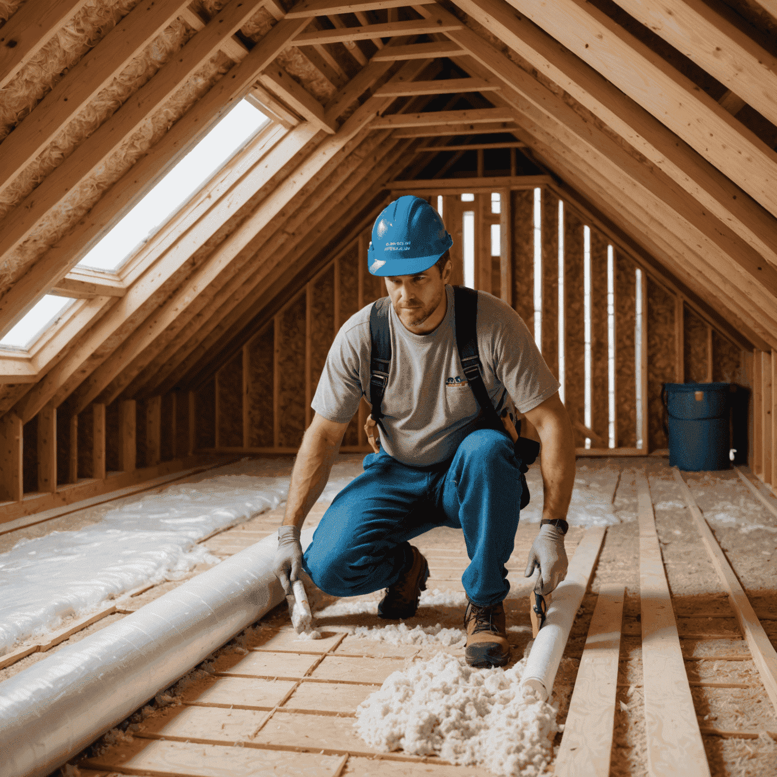 A person installing blown-in insulation in an attic space, with visible depth markers showing the recommended R-50 value