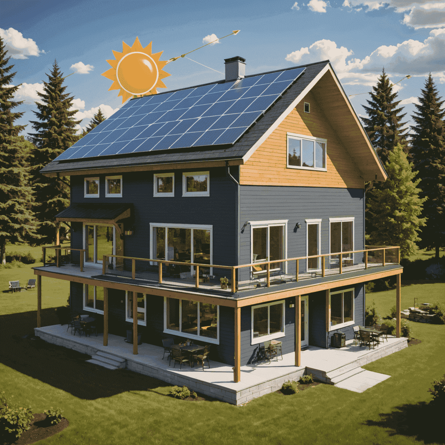 Diagram showing how solar panels work on a typical Canadian home, with arrows indicating energy flow