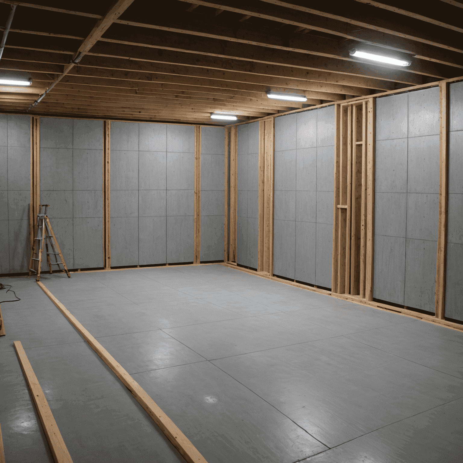 A partially finished basement with rigid foam insulation panels being installed on the concrete walls, showcasing proper moisture barrier techniques