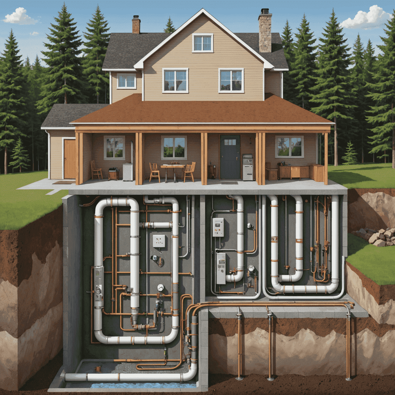 Cross-section illustration of a geothermal heating system installed in a Canadian home, showing underground pipes and heat exchange