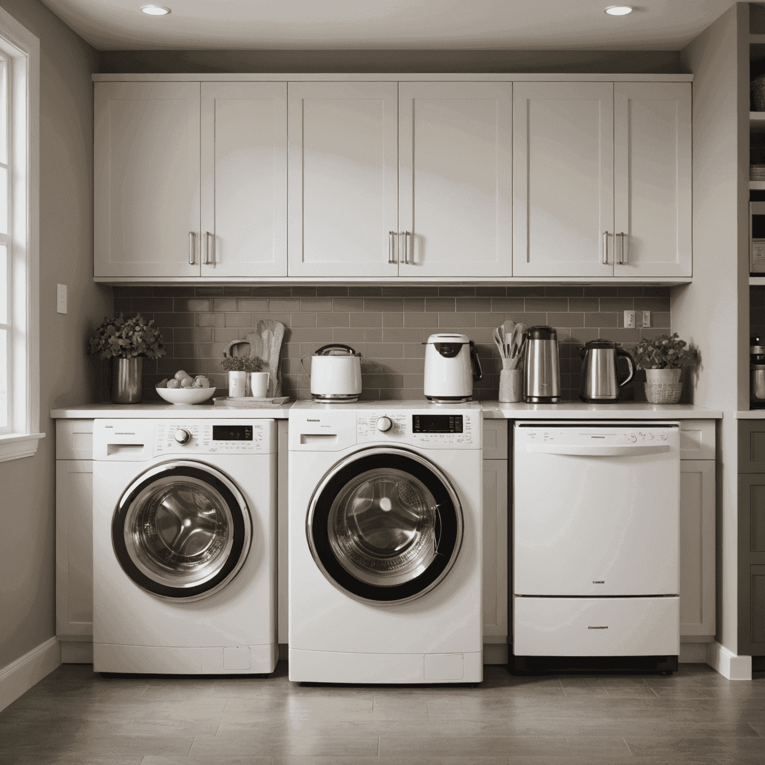 A collection of energy-efficient appliances with Canadian EnerGuide labels, including a refrigerator, washing machine, and dishwasher