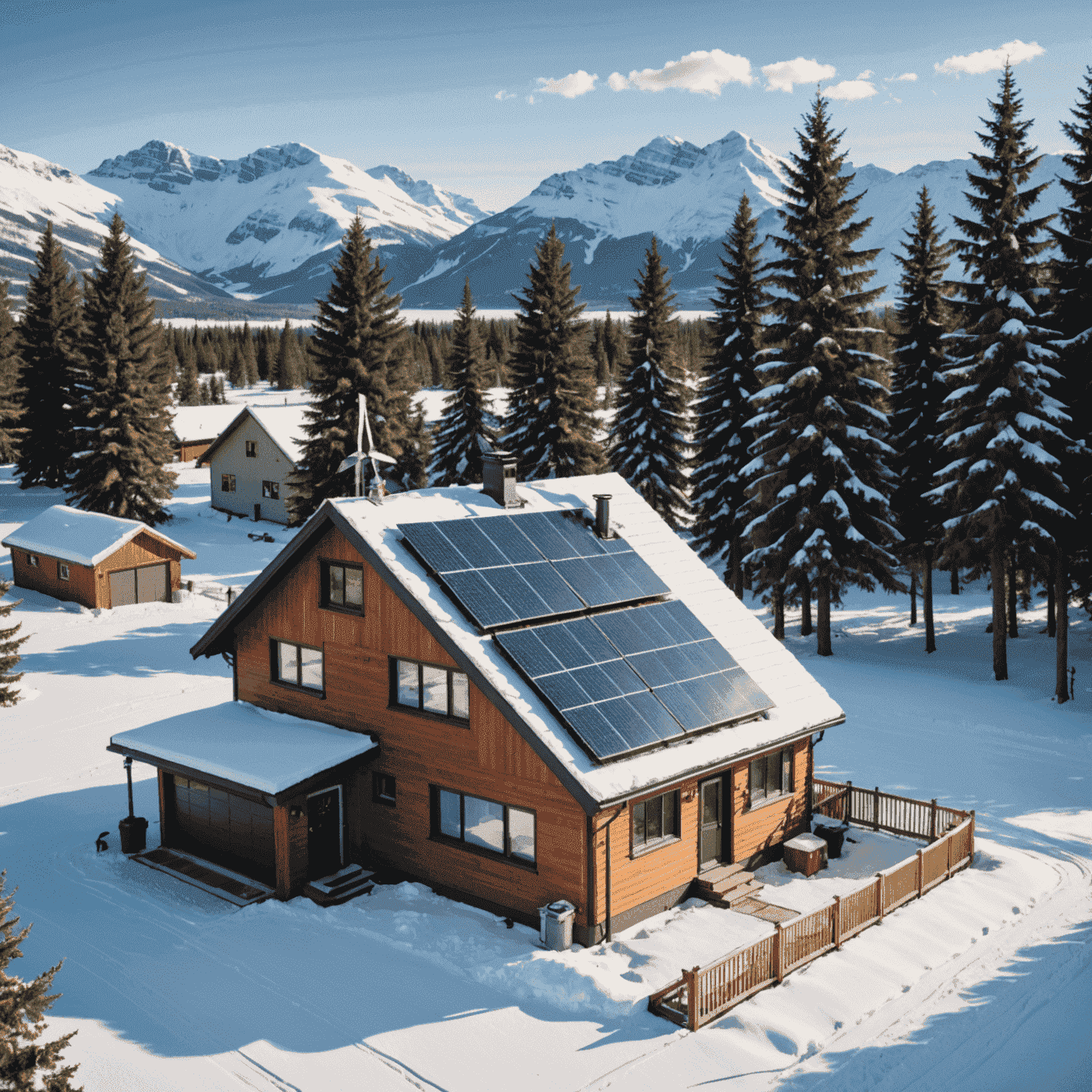 A Canadian home with solar panels on the roof and a small wind turbine in the backyard, surrounded by snow-covered landscape